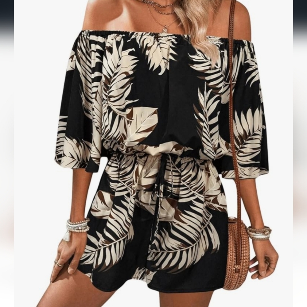 Off-Shoulder Black and Cream Leaf Print Jumpsuit NWOT